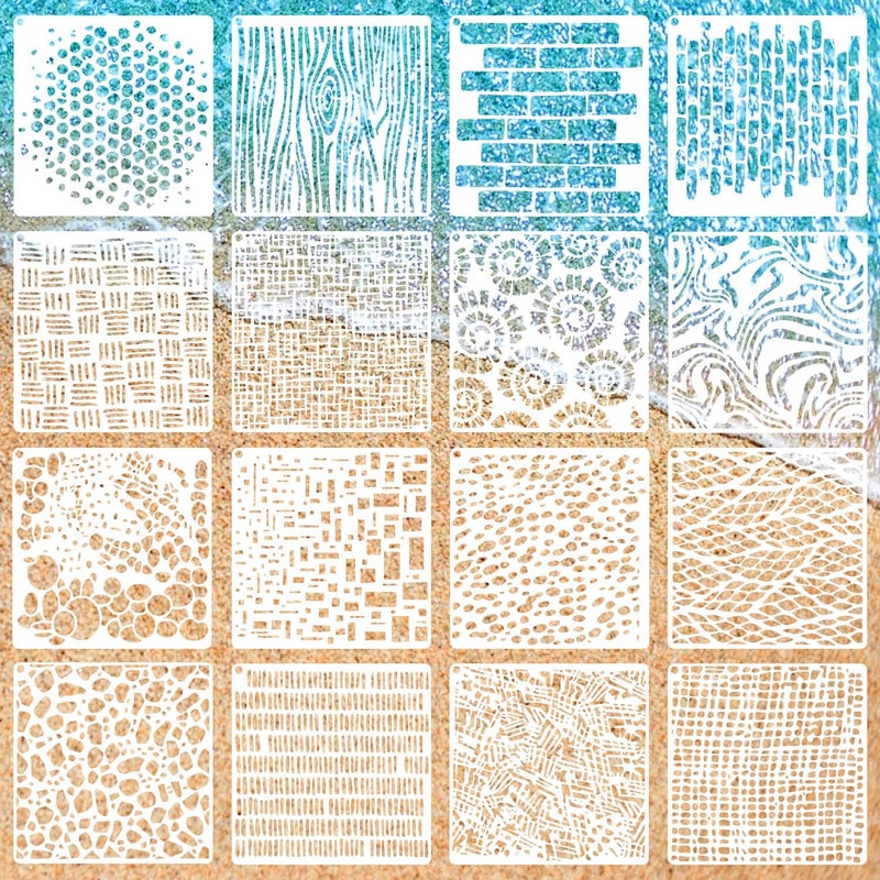 Resflyar 16 PCS Wood Cubist Stencils, 6 x 6 Inch Texture Mixed Media Burlap Reusable Plastic Stencil for Painting on Wood Wall Canvas Furniture Floor Geometric Cubist Art Stencils for Tile Craft Making - Image 1